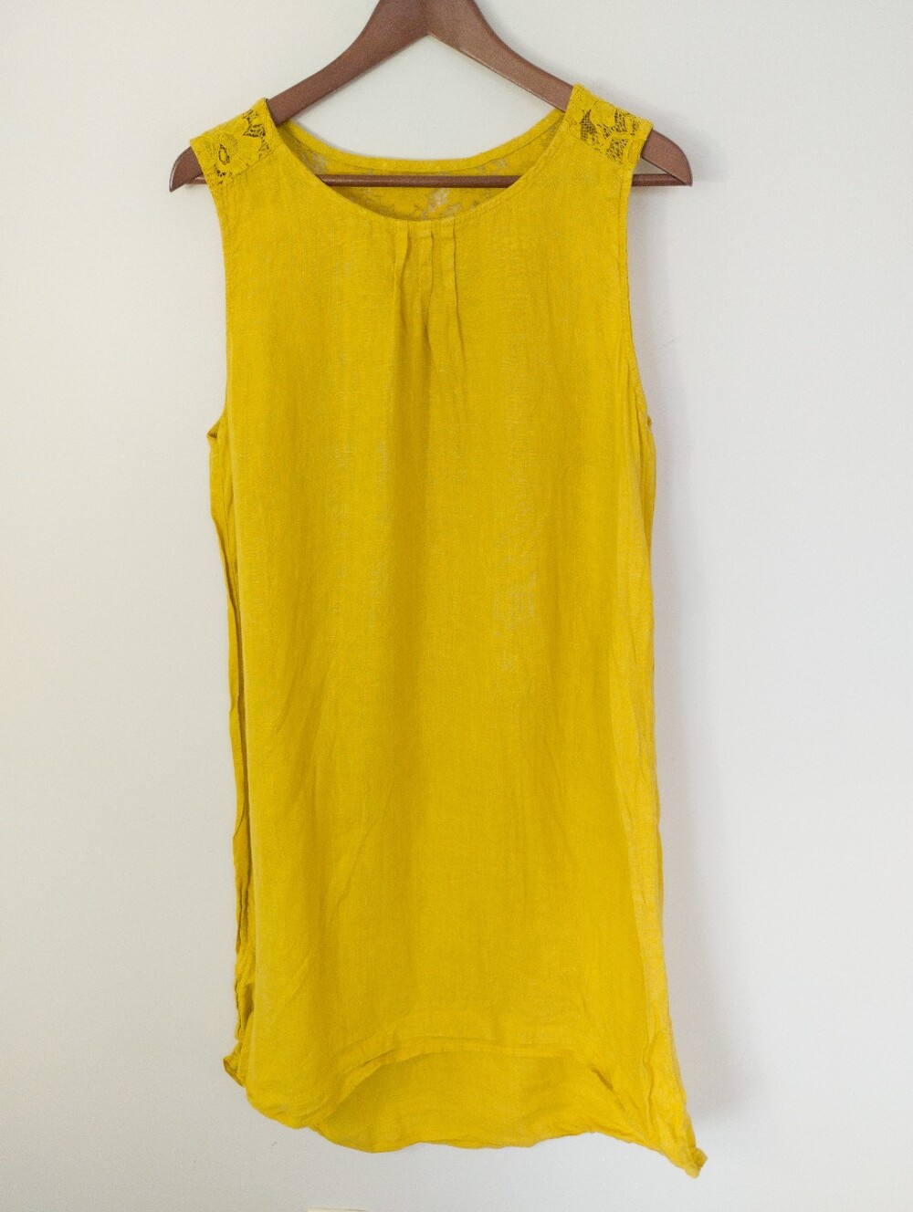 Linen Sleeveless Dress Floral Lace Shoulder Accent Pleated Tunic Mini